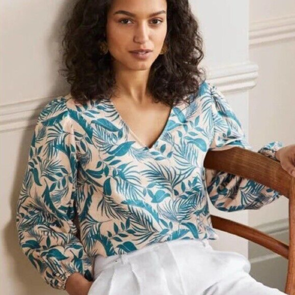 Boden Tops - Boden V-Neck Linen Top Milkshake Tropic Foliage Print Plus Size 20 22 H14767